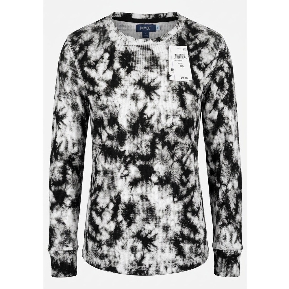 Univibe Womens Black White Tie Dye Thermal Long Sleeve Waffle Knit Top Small NEW